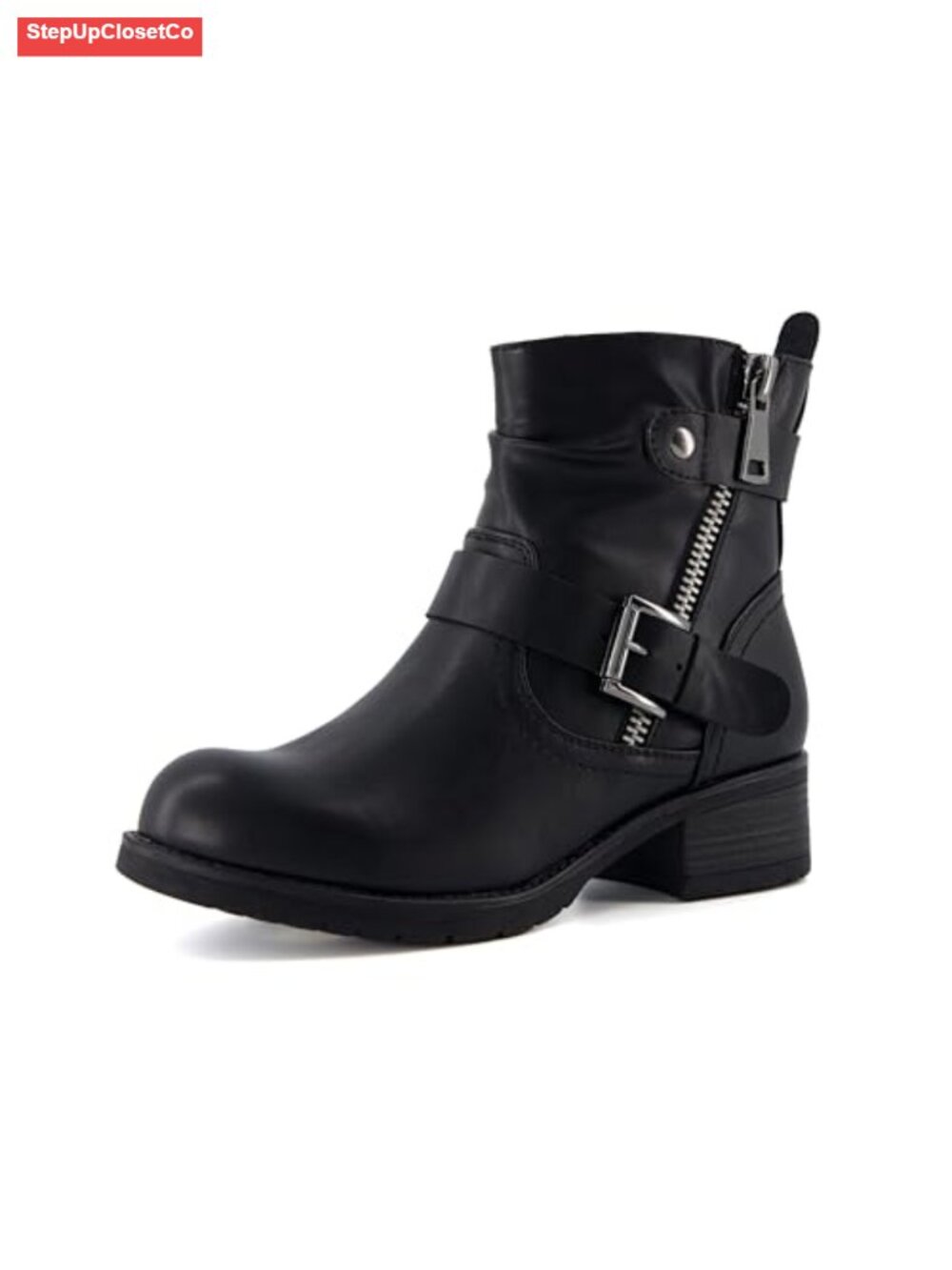 Women's Motorcycle Ankle Boots Block Heel Combat Booties with Zipper & Buckle